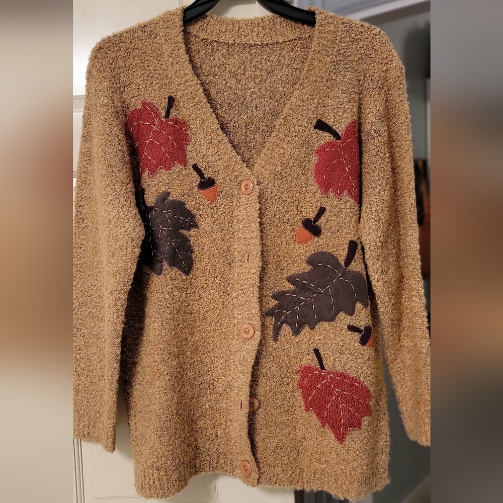 Cozy Tan Sweater with Leaf Embroidery